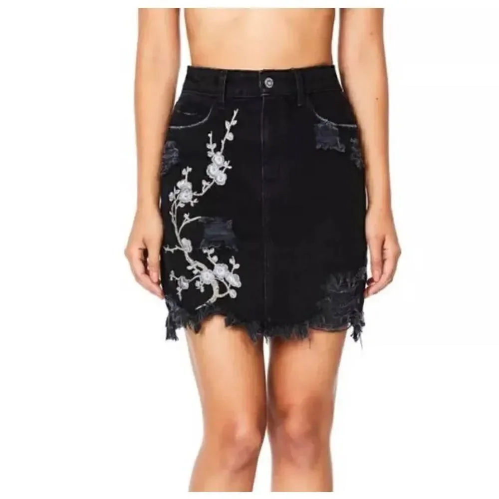 Carmar Black High Rise Slim Fit Distressed Floral Embroidered Denim Skirt